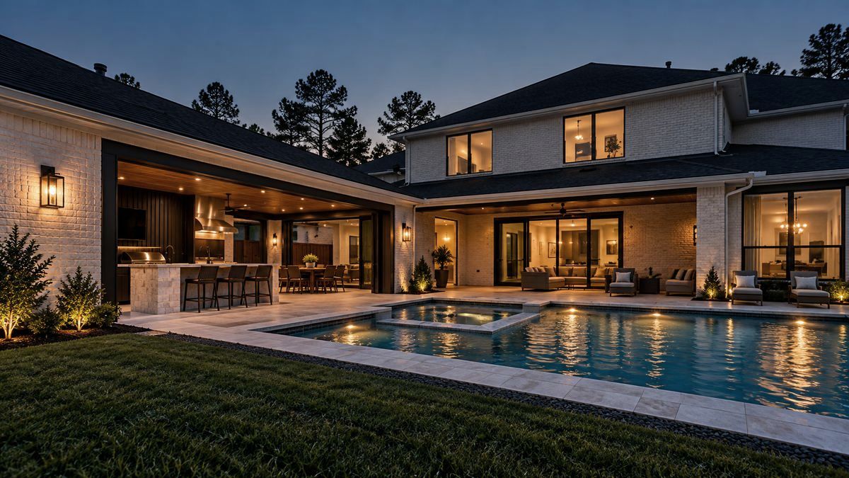 Backyard with pool and covered patio