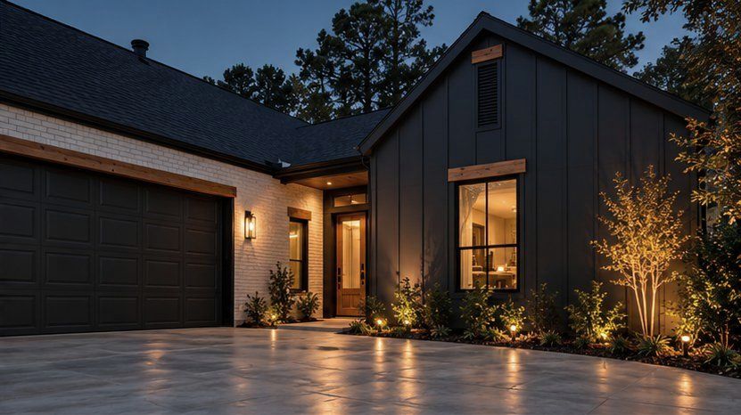 Modern farmhouse exterior at dusk